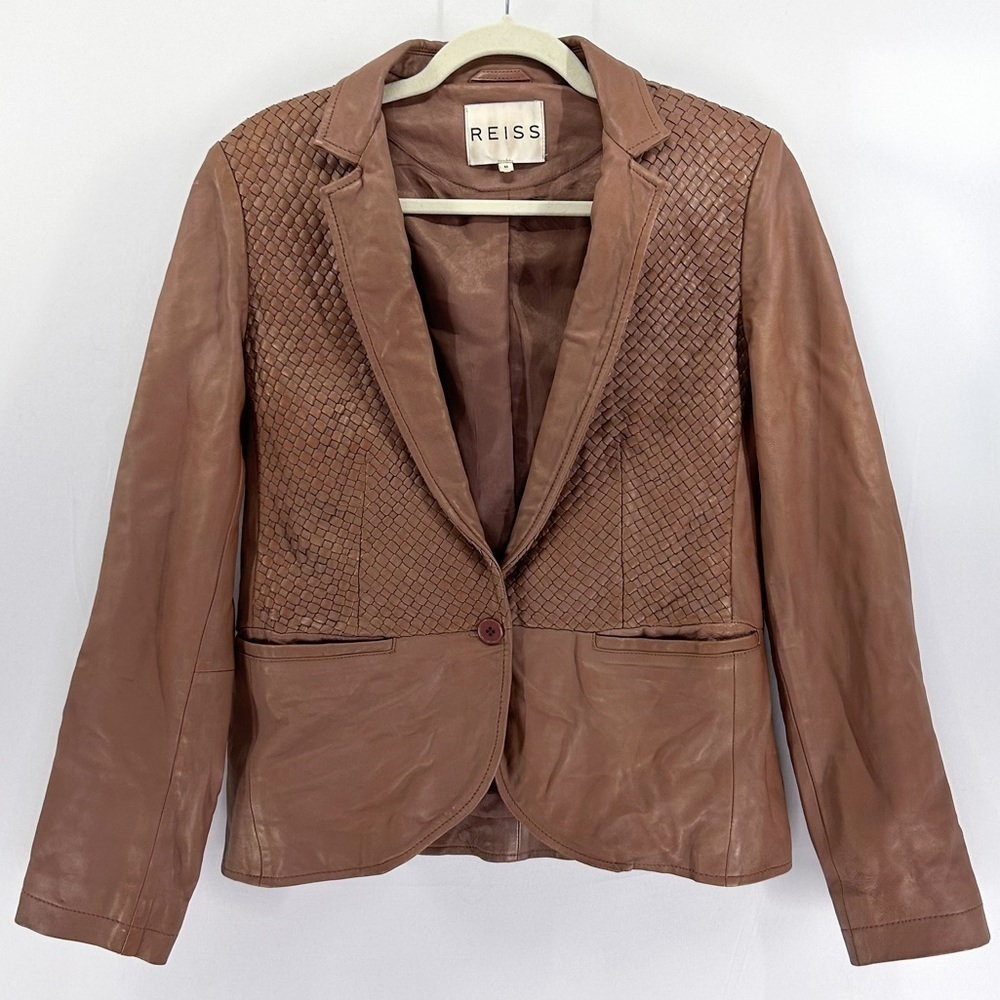 REISS Tan Leather Blazer Jacket Basketweave Textured size medium